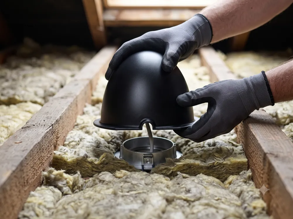 Gloved hands setting a CX5 over a recessed light between joists