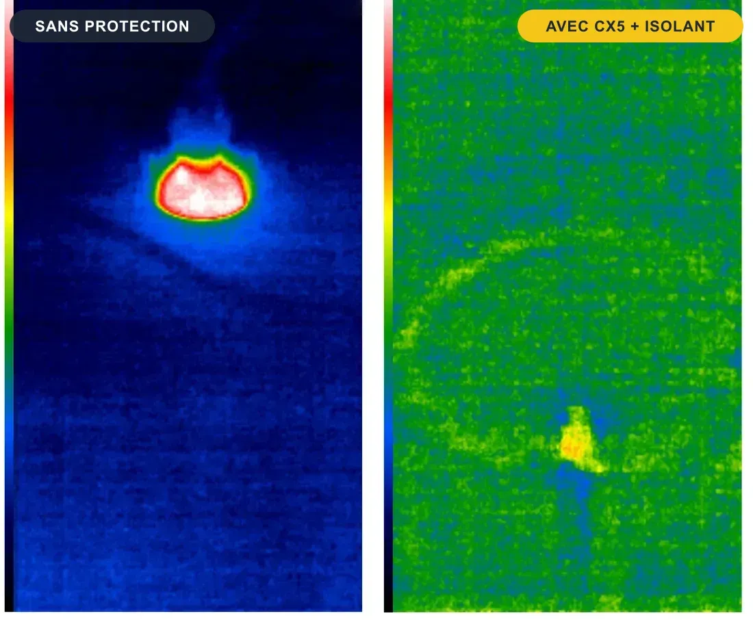 Comparaison caméra thermique : à gauche, spot encastré sans protection avec forte fuite de chaleur ; à droite, spot coiffé d'une cloche CX5 sous isolant, température homogène