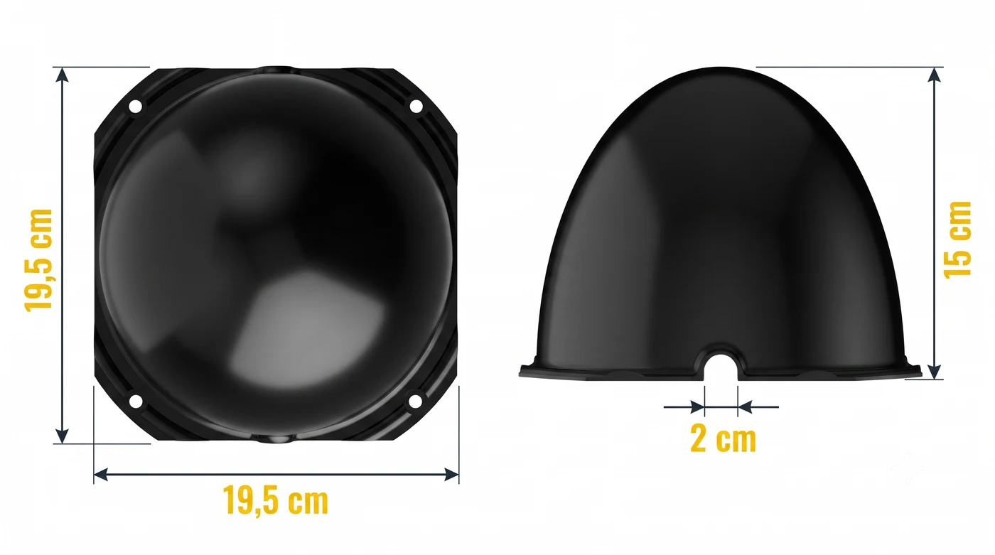 Dimensions de la cloche CX5 : 19,5 cm de large, 15 cm de haut, encoche passe-câble de 2 cm
