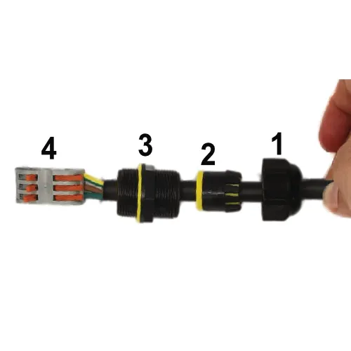 Détail assemblage connecteur IP68 étapes 1-2-3-4