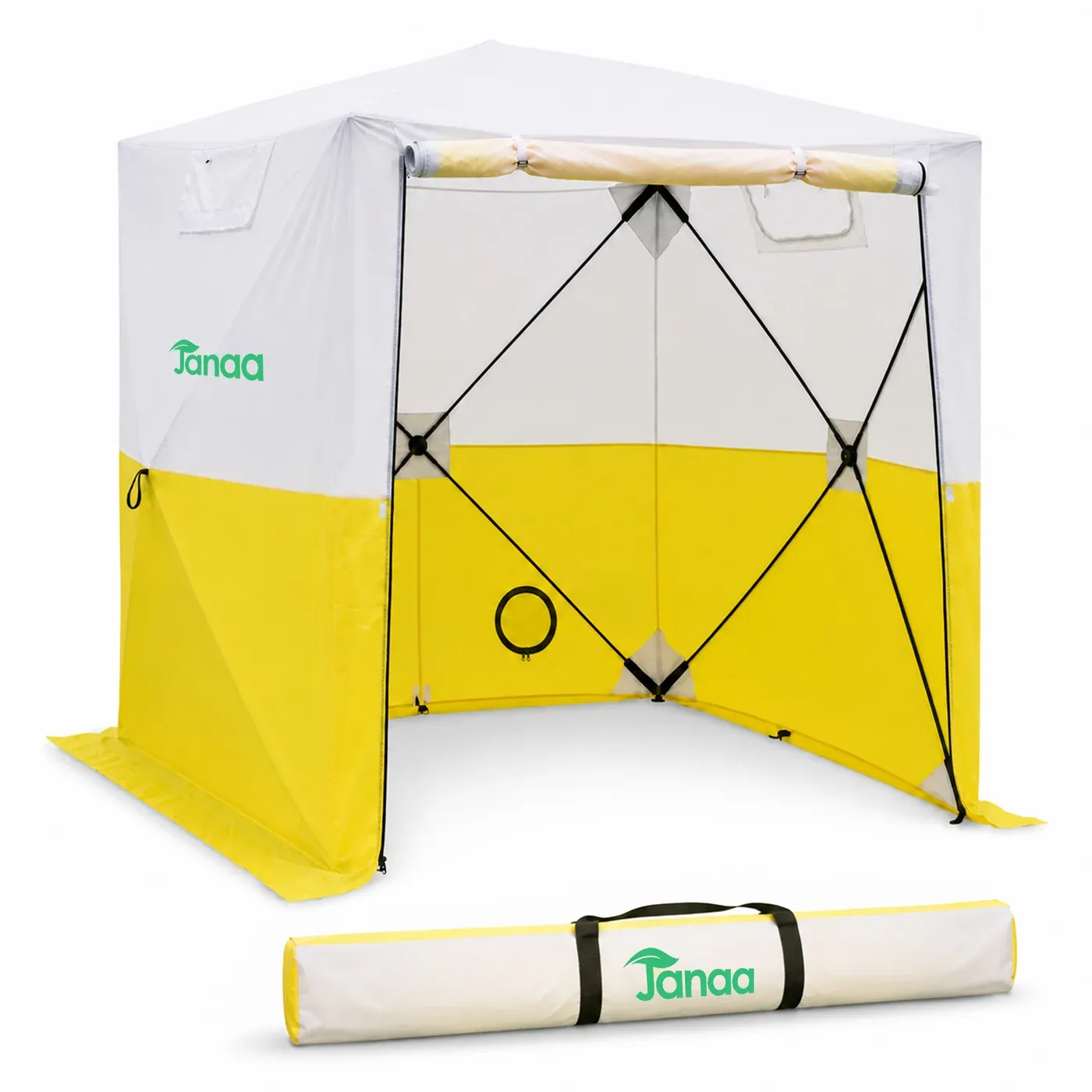 Tente de travail JAX3 déployée avec son sac de transport, packshot studio